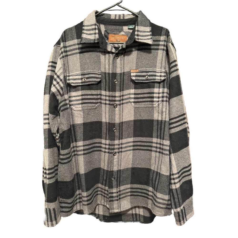 Orvis Mens‎ Grey Black Plaid Flannel Button Front Shirt Large Heavyweight